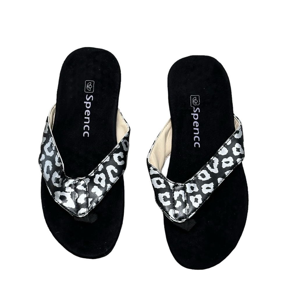 Spenco Flip Flop Womens 38 Size 7.5 Cheetah print Sandal Comfort Black Flat NWOT - Picture 3 of 6